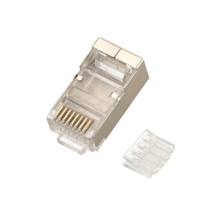 Conector RJ45 Extralink Cat.6 FTP, 8P8C, ecranat, compatibil cu cabluri torsadate cu protectie impotriva interferentelor electromagnetice, montaj rapid si fiabil, ideal pentru retele LAN de mare viteza, centre de date si aplicatii profesionale de telecomu