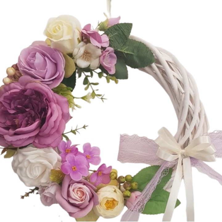 Aranjament coronita din ratan alb cu flori artificiale, multicolor, 25 cm