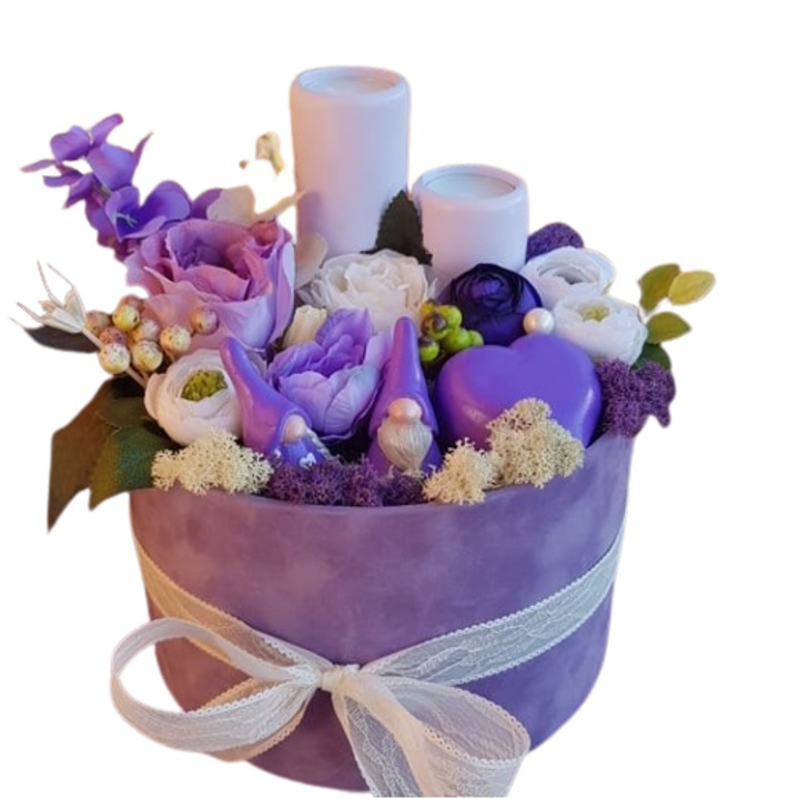 Aranjament de flori artificiale si licheni stabilizati, multicolor, 20 cm