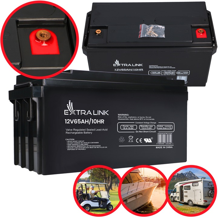 acumulator VRLA AGM extralink 12v 65ah, fara intretinere, pentru ups, sisteme solare si alarme, performanta stabila, durata lunga de viata, sigur pentru utilizare casnica si profesionala