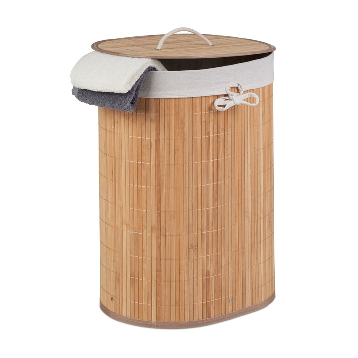 Овален кош за пране RelaxDays, изработен от бамбук, светлокафяв, 46 л, 55 х 42 х 32 см