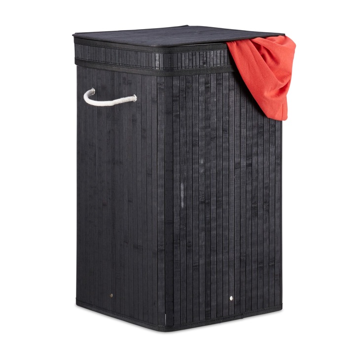 Cos de rufe din bambus, negru, Relaxdays, 70 l, 63 x 36 x 36 cm