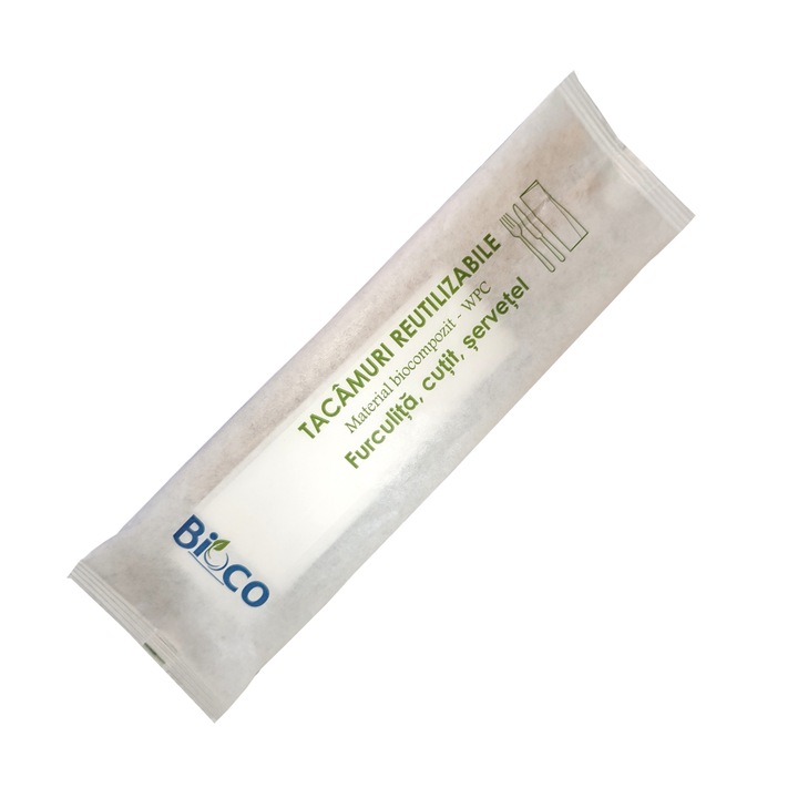 Set bis, furculita, cutit, servetel, ambalat individual, tacamuri WPC, reutilizabile, din fibre lemn, 50 set/punga, Bioco