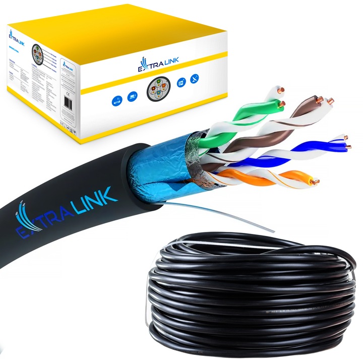 Мрежов кабел Extralink, За външна употреба, Cat 5E, FTP, V2, 305 м, Черен/Син