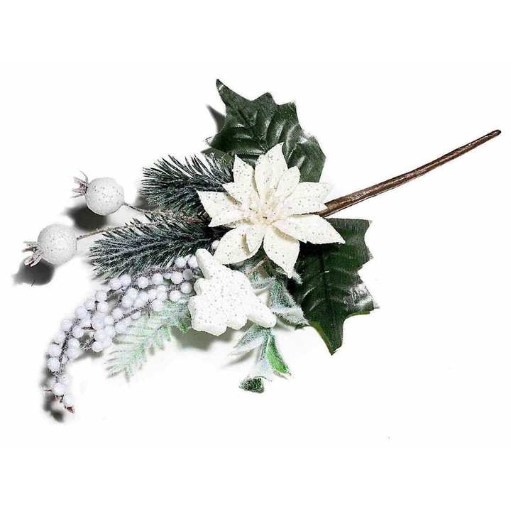Crenguta din brad artificial fructe si craciunita alba 19/30 cm