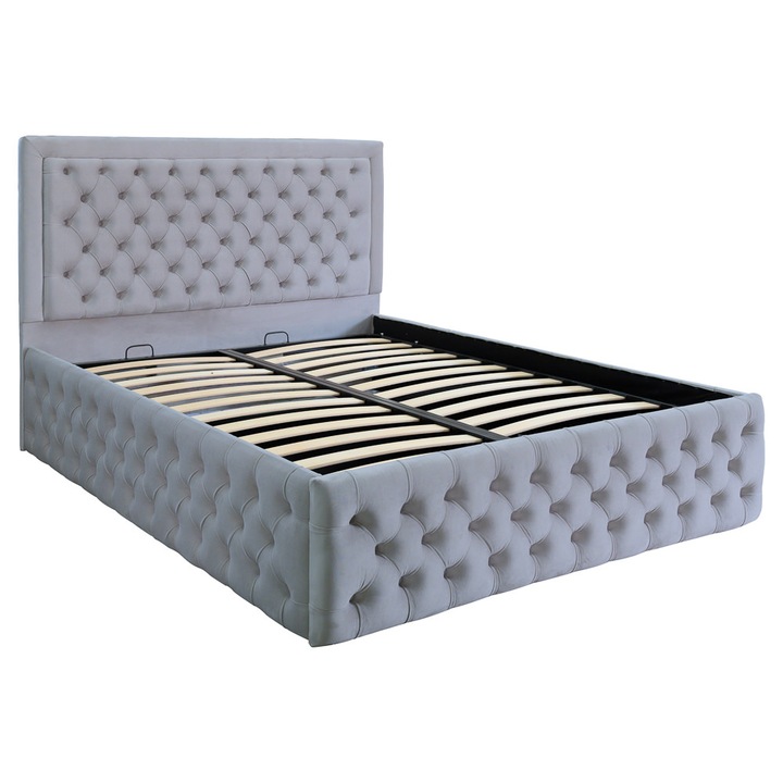 Pat dublu tapitat Louisiana Deluxe 160/200 cm culoare gri deschis cu somiera metalica rabatabila si spatiu de depozitare