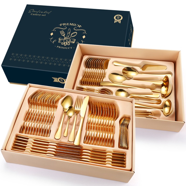 Set tacamuri stainless steel 84 piese, TRENDY’S, gold