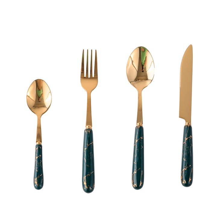 Set tacamuri din inox 24 piese, cu suport, TRENDY’S, verde-gold
