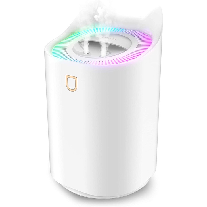 Umidificator de aer Ultrasonic BYONDSELF®, cu Difuzor aromaterapie, Rezervor 3 l, LED 7 culori, silentios, Alb