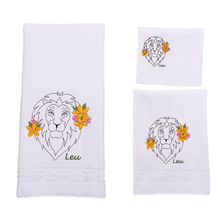 Set De 3 Prosoape Albe, model broderie “Leu”, 100 x 150 cm, din bumbac 100%, greutate 600 gr/mp