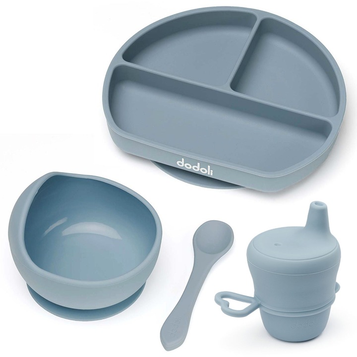 Set diversificare Dodoli din silicon pentru bebelusi cu bol, farfurie, lingurita, pahar, Seablue
