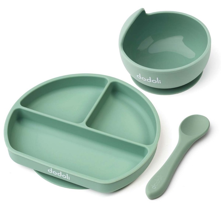 Set diversificare Dodoli din silicon pentru bebelusi - bol, farfurie, lingurita, Cyan