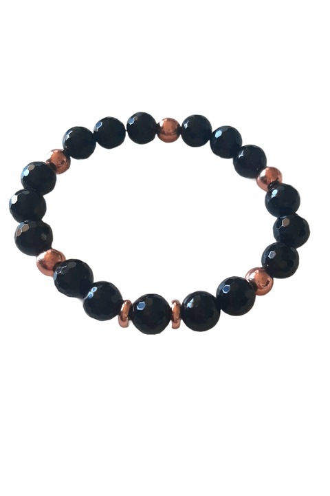 Bratara unisex, pietre semipretioase, onix negru cu accesorii rodiate, 18.5cm