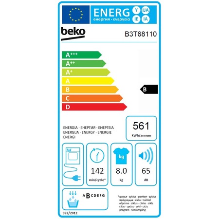 Uscator de rufe Beko B3T68110, Condensare, 8 kg, 15 programe, Clasa B, Optisense, Aquawave, Alb