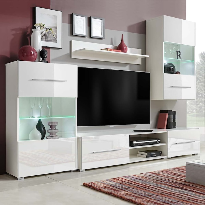 Set mobilier comoda TV de perete Moderna, 5 piese, Pentru sufragerie, iluminare LED alb, Furniture1662
