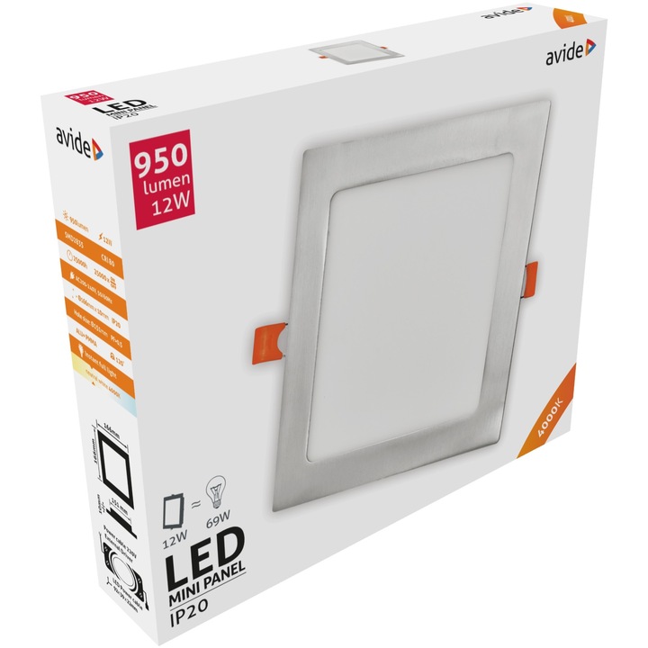 Avide LED beépíthető négyzetes mennyezeti lámpa ALU szatén nilkkel, 12W, NW, 4000K