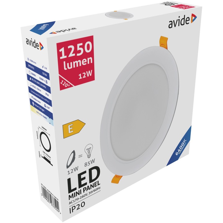 Avide LED beépíthető kerek mennyezeti lámpa, műanyag, 12W, CW, 6400K