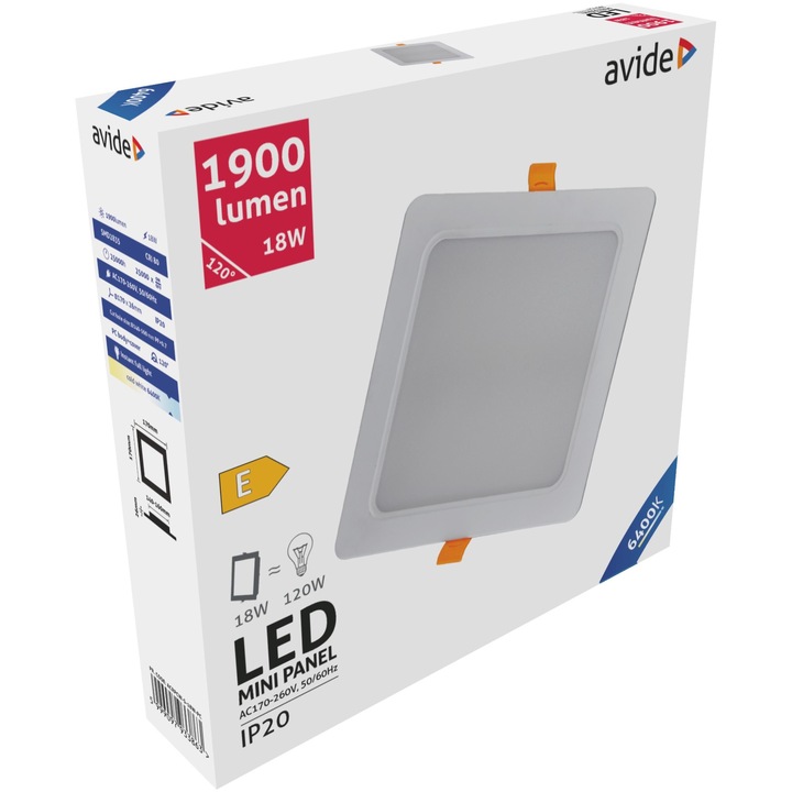 Avide LED beépíthető négyzetes mennyezeti lámpa, műanyag, 18W, CW, 6400K