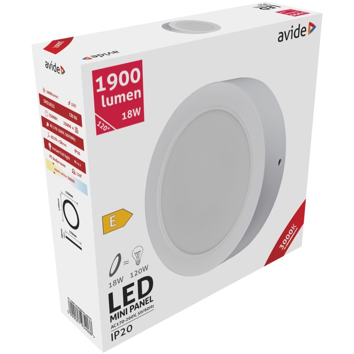 Avide LED falra szerelhető kerek mennyezeti lámpa, műanyag, 18W, WW, 3000K