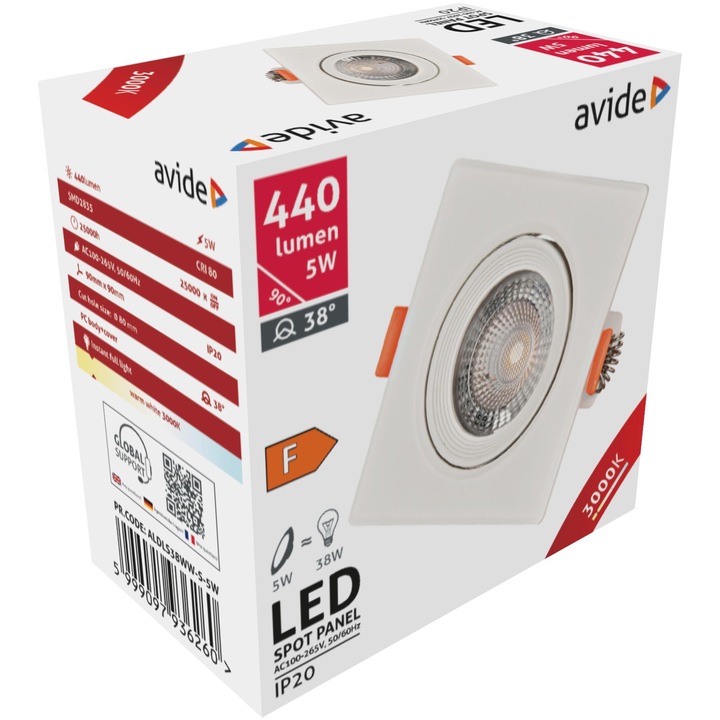 Avide LED beépíthető Spot 38° négyzetes, 5W, WW, 3000K