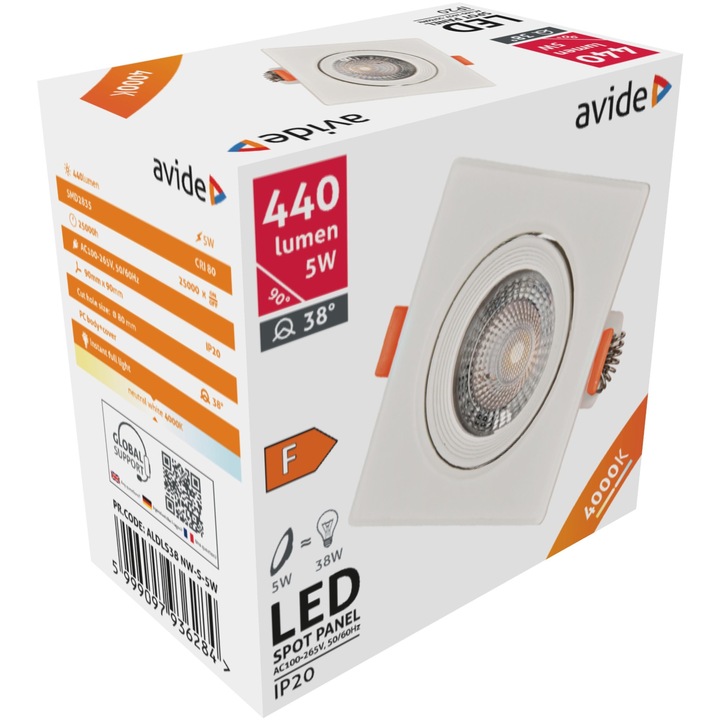 Avide LED beépíthető Spot 38° négyzetes, 5W, NW, 4000K