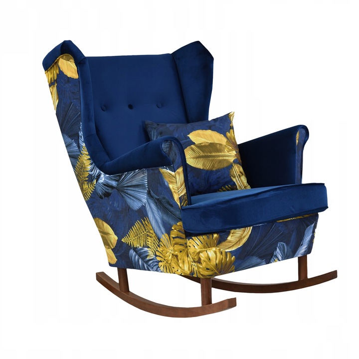 Fotoliu Balansoar Din Lemn Ari Print Duo Scandinav Puf Din Velur Pentru Sufragerie 104x84x92 Bleumarin