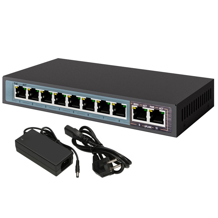 Switch PoE Extralink PERSES, 8 porturi Gigabit PoE/PoE+, 2 porturi uplink Gigabit RJ45, putere totala 96W, alimentare stabila pentru camere IP, access point-uri si alte dispozitive PoE, transmisie rapida si fiabila, ideal pentru retele profesionale de bir