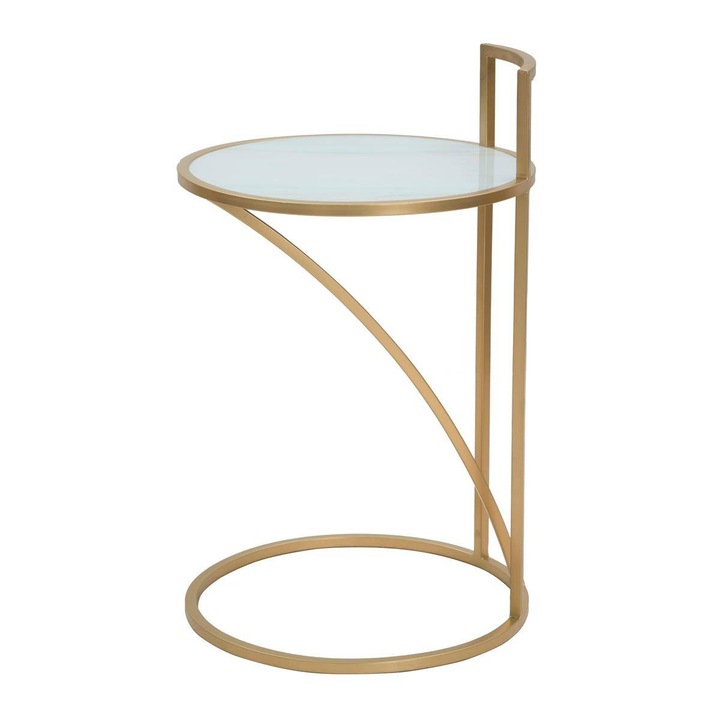 Masa rotunda Glam Sofy, Sticla/Fier/MDF, 61 cm, Alb/Auriu