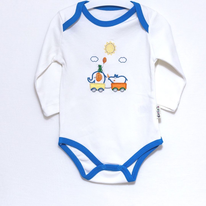 Body Elefant Motat, 100% bumbac, Albastru/Alb, Alb/Albastru, 62 CM