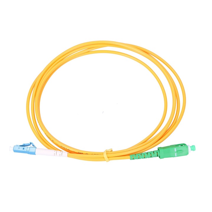 Patchcord Extralink SC/APC-LC/UPC cablu fibra optica monomod Singlemode Simplex G657A, diametru 3mm, lungime 3m, pierderi reduse, conexiune stabila pentru retele FTTH si telecomunicatii de mare viteza