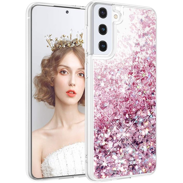 Husa compatibila cu Samsung Galaxy S21 FE, cu Apa si Sclipici, Lichid si Glitter, Fashion, protectie camera, Roz, PlanetPhone