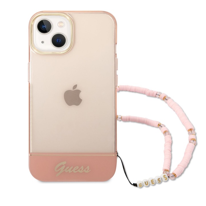 Кейс Guess, За iPhone 14 Plus, Двуслойно галванично покритие, С каишка, Пластмаса, Розов