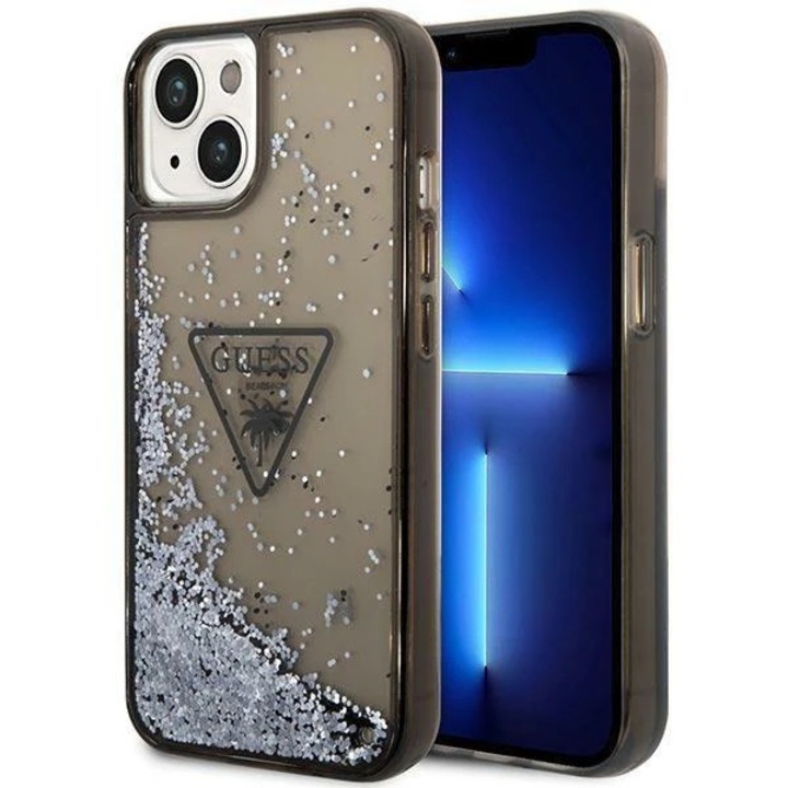 Husa telefon Guess pentru iPhone 14 Plus, Liquid Glitter and Triangle Logo, Plastic, Negru