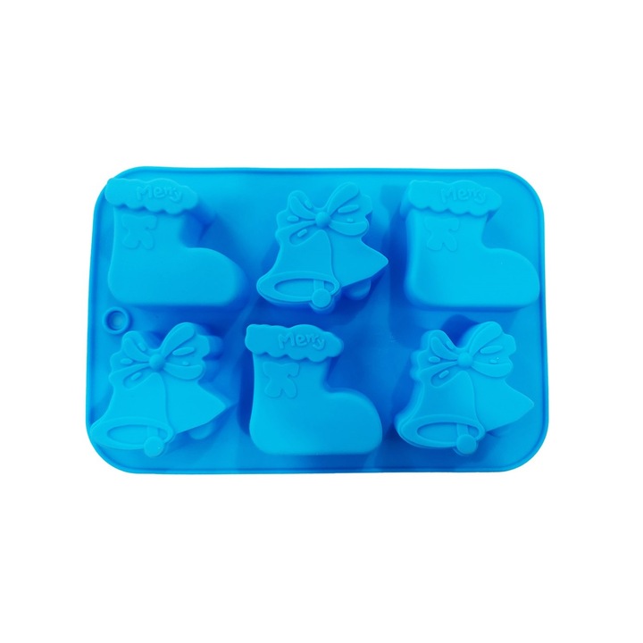 Forma silicon 6 cavitati, Tema Sarbatori de iarna, Pentru prajituri sau Briose, Albastru, 26 cm, 237COF