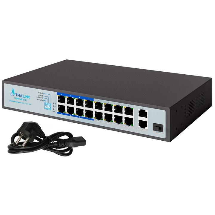 Switch PoE Extralink VIRTUS V3, 16 porturi 100 Mb/s PoE/PoE+, 2 porturi uplink Gigabit RJ45 si 1 port SFP, putere totala 150W, alimentare stabila pentru camere IP, access point-uri si alte dispozitive PoE, transmisie rapida si fiabila, ideal pentru retele