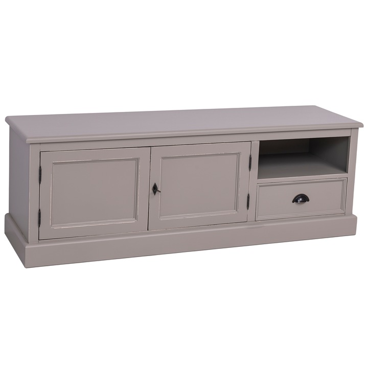 Comoda TV cu 2 usi, 1 sertar, vopsit, culoare gri antichizat, 100% lemn masiv, 160x56x46 cm