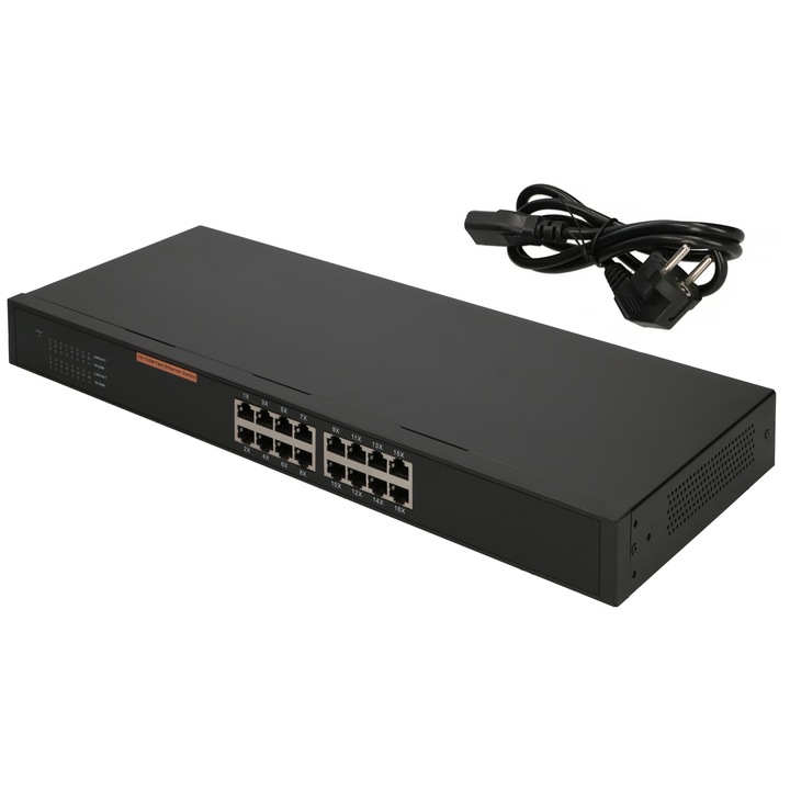 Switch Extralink HEXON, 16 porturi 10/100 Mb/s, carcasa tip Desktop, gestionare simpla a retelei, transmisie stabila, ideal pentru birouri, retele LAN mici si aplicatii profesionale de telecomunicatii