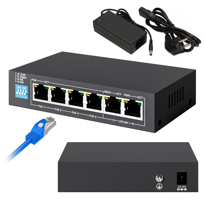 Switch PoE Extralink KRIOS, 4 porturi Gigabit PoE/PoE+, 2 porturi uplink Gigabit RJ45, putere totala 60W, alimentare stabila pentru camere IP si access point-uri, transmisie rapida si fiabila, ideal pentru retele profesionale de birou si aplicatii telecom