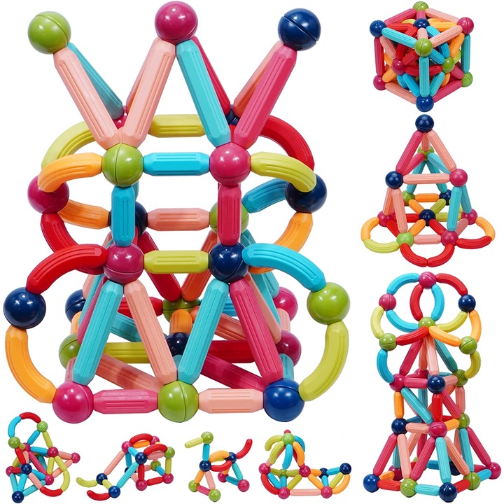 Set de Constructie Magnetic 3D, 128 Piese STEM Montessori, Interactive si Educationale, Grosime 2 cm, Cutie de Depozitare Inclusa, Multicolor, + 3 Ani, Utility One