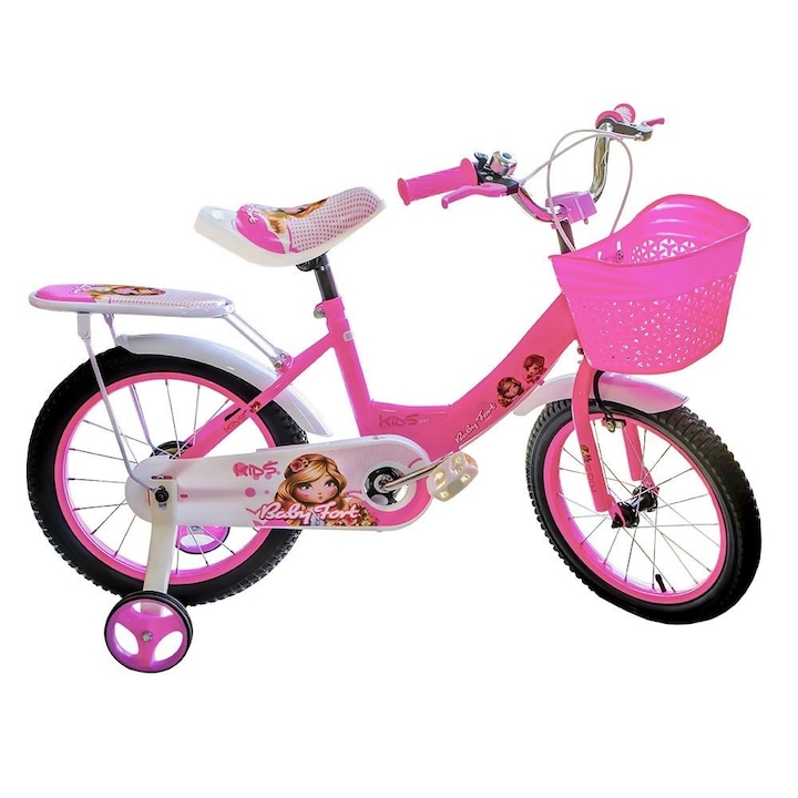 Велосипед Go Kart Baby Fort 16" за момичета 4-6 години, калници, звънец, помощни колела, розов цвят