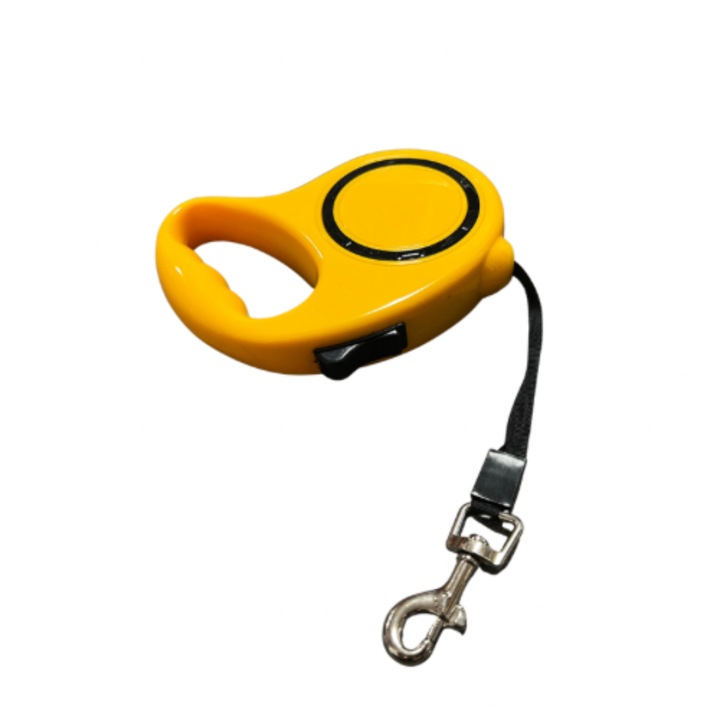 Lesa retractabila de 5 m pentru caine sau pisica, talie mica si medie, flexibila, rezistenta la tragere 10kg, galbena
