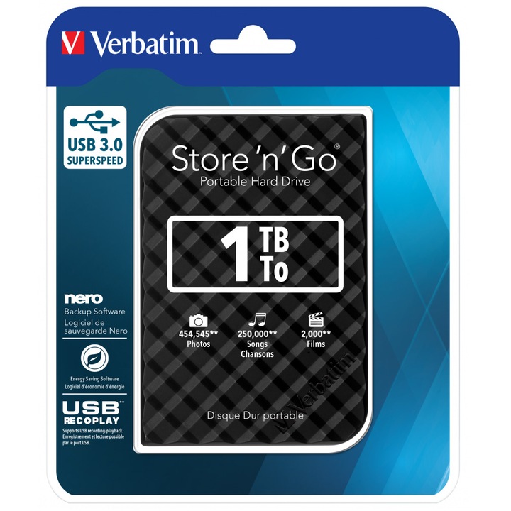 Външен хард диск Verbatim Store 'n' Go 1TB 2.5" USB 3.0, Черен