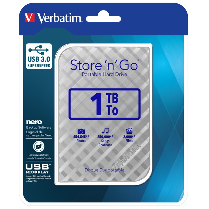 HDD extern Verbatim Store 'n' Go 1TB 2.5" USB 3.0, Argintiu