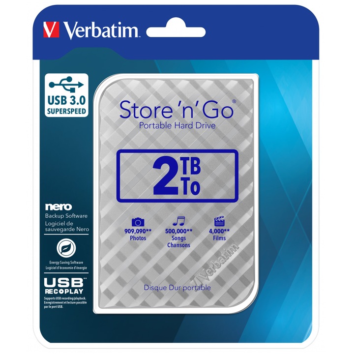 HDD extern Verbatim Store 'n' Go Portable 2TB 2.5" USB 3.0, Argintiu