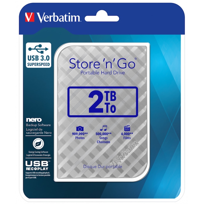 Външен хард диск Verbatim Store 'n' Go Portable, 2TB, 2.5" USB 3.0, Сребрист