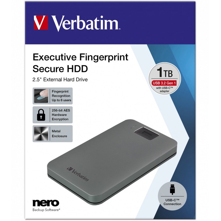 HDD extern Verbatim Executive Fingerprint Secure 1TB USB3.2G1/USB-C, Argintiu