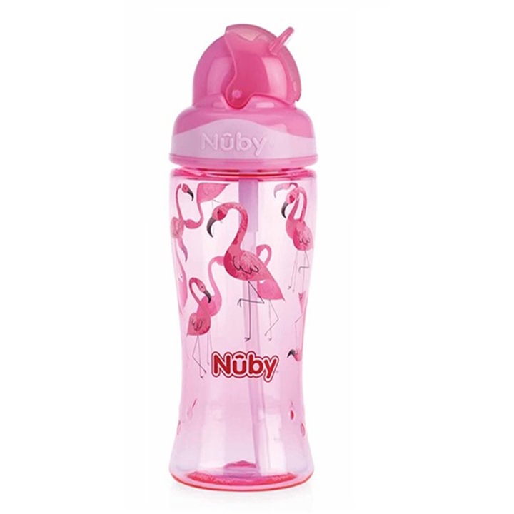 Nuby Tritán szívószálas sport kulacs,360ml, 4 éves kortól -rózsaszín flamingós