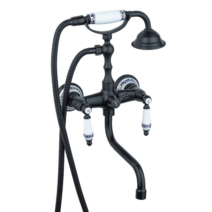 Смесител за кухня TRENDY'S, стенен монтаж, дълъг смесител за мебели, черен мат с керамична бродерия