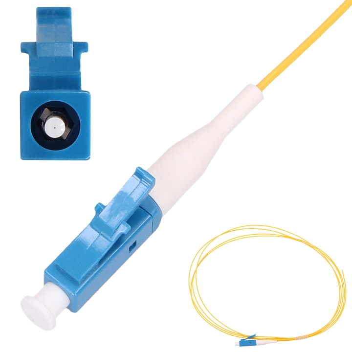 Pigtail fibra optica Extralink LC/UPC, cablu PVC, singlemode, standard G.652D, cablu 900 µm, lungime 2 m, pierderi reduse, flexibil si durabil, ideal pentru retele FTTH, FTTx si aplicatii telecomunicatii