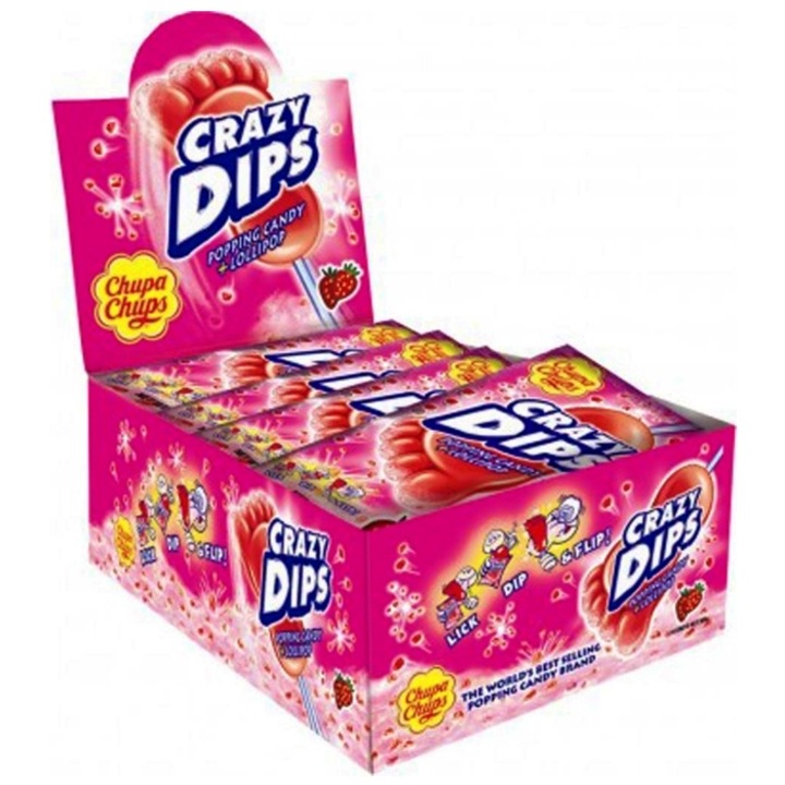 Set Acadele Chupa Chups efervescente, Crazy Dips capsuni, 14g x 24 bucati